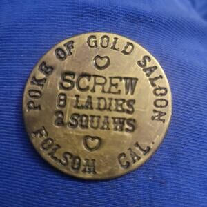 Brass brothel coin token " $3 All Night Check" Poke of Gold saloon Folsom CA